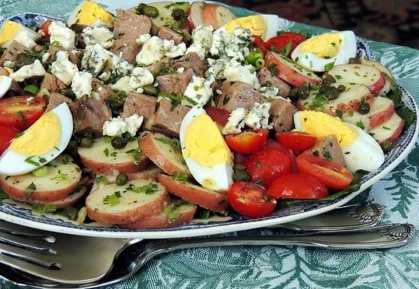 Marinated Beef Salad With Potato Salad Tomatoes And Roquefort Salt Table